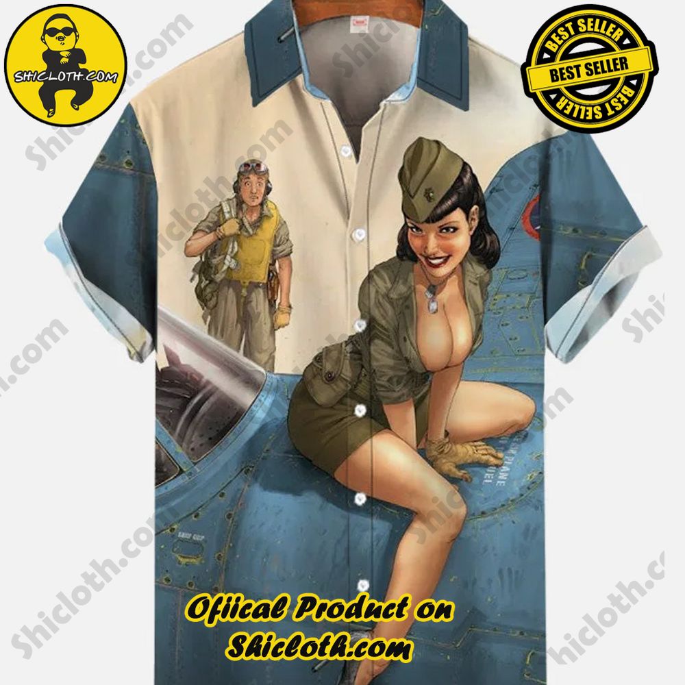 Shicloth's Short Sleeve Shirts: Effortless Elegance for Every Occasion 4 Retro Poster Airplane And Pretty Girl Printing Short Sleeve Shirt