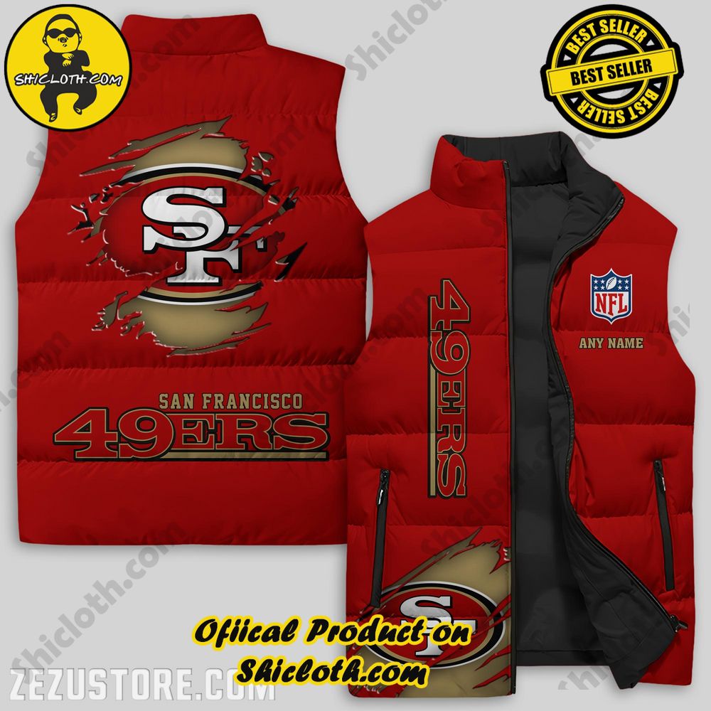 Best Seller Game Day Glamour: Elevate Your Style with Shiclothshop's NFL Team Sleeveless Jacket Collection 20 San Francisco 49ers NFL Logo Custom Puffer Sleeveless Jacket Premium