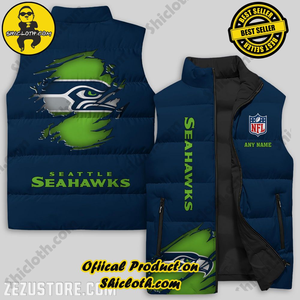 Best Seller Game Day Glamour: Elevate Your Style with Shiclothshop's NFL Team Sleeveless Jacket Collection 24 Seattle Seahawks NFL Logo Custom Puffer Sleeveless Jacket Premium