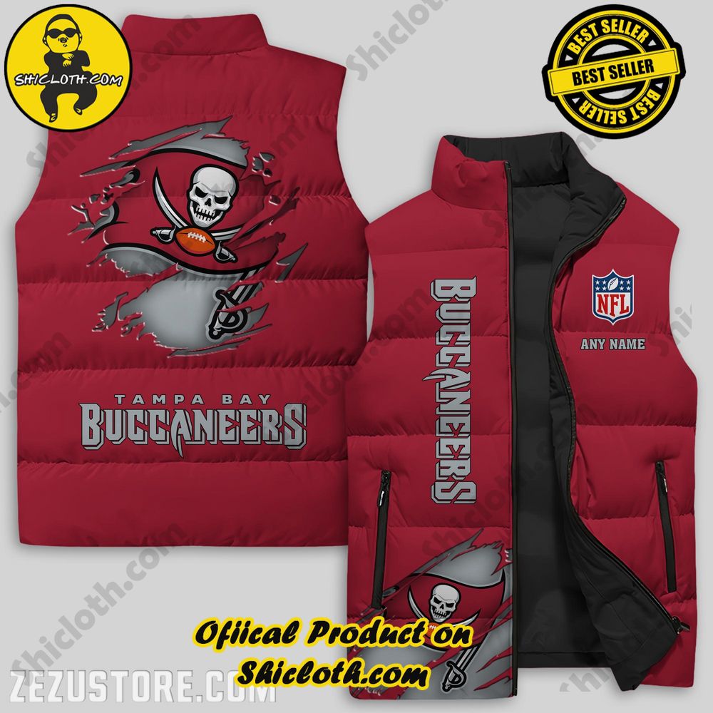 Best Seller Game Day Glamour: Elevate Your Style with Shiclothshop's NFL Team Sleeveless Jacket Collection 28 Tampa Bay Buccaneers NFL Logo Custom Puffer Sleeveless Jacket Premium