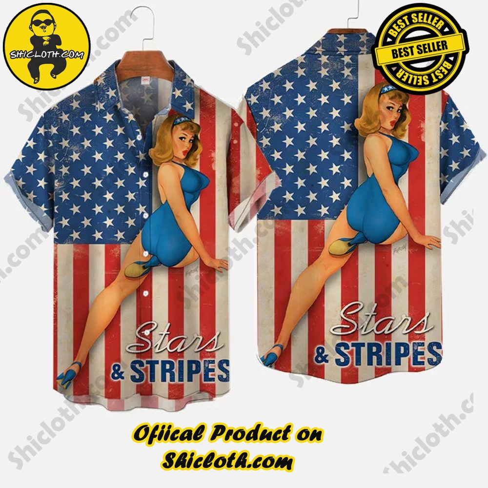 Vintage Pin Up Art American Flag And Blue Swimsuit Girl Printing Short Sleeve Shirt 3 Vintage Pin Up Art American Flag And Blue Swimsuit Girl Printing Short Sleeve Shirt - Image 3