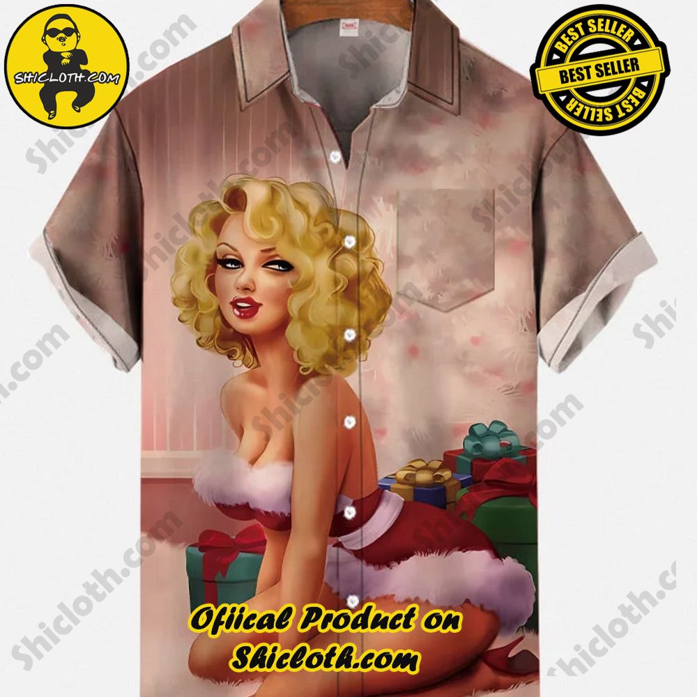 Shicloth's Short Sleeve Shirts: Effortless Elegance for Every Occasion 7 Vintage Pin Up Art Blonde Christmas Girl In Cozy Room With Plush Carpet Printing Breast Pocket Short Sleeve Shirt
