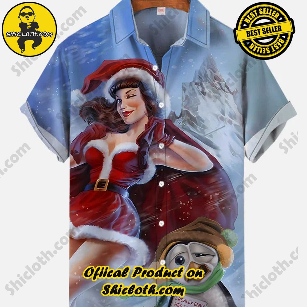Shicloth's Short Sleeve Shirts: Effortless Elegance for Every Occasion 9 Vintage Pin Up Art Cold Iceberg Christmas Girl And Penguin Printing Breast Pocket Short Sleeve Shirt
