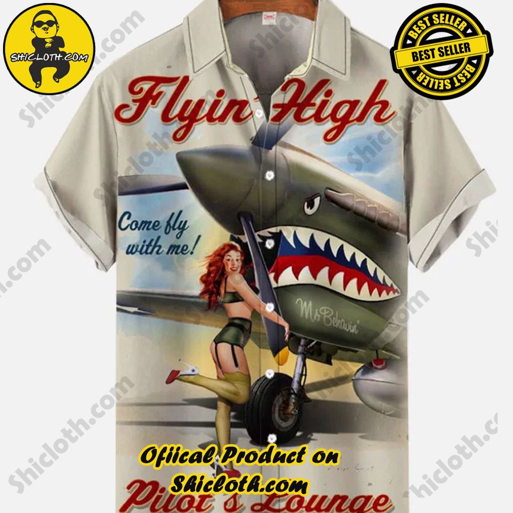 Shicloth's Short Sleeve Shirts: Effortless Elegance for Every Occasion 14 Vintage Pin Up Art Flying High Beauty And Shark Fighter Printing Short Sleeve Shirt