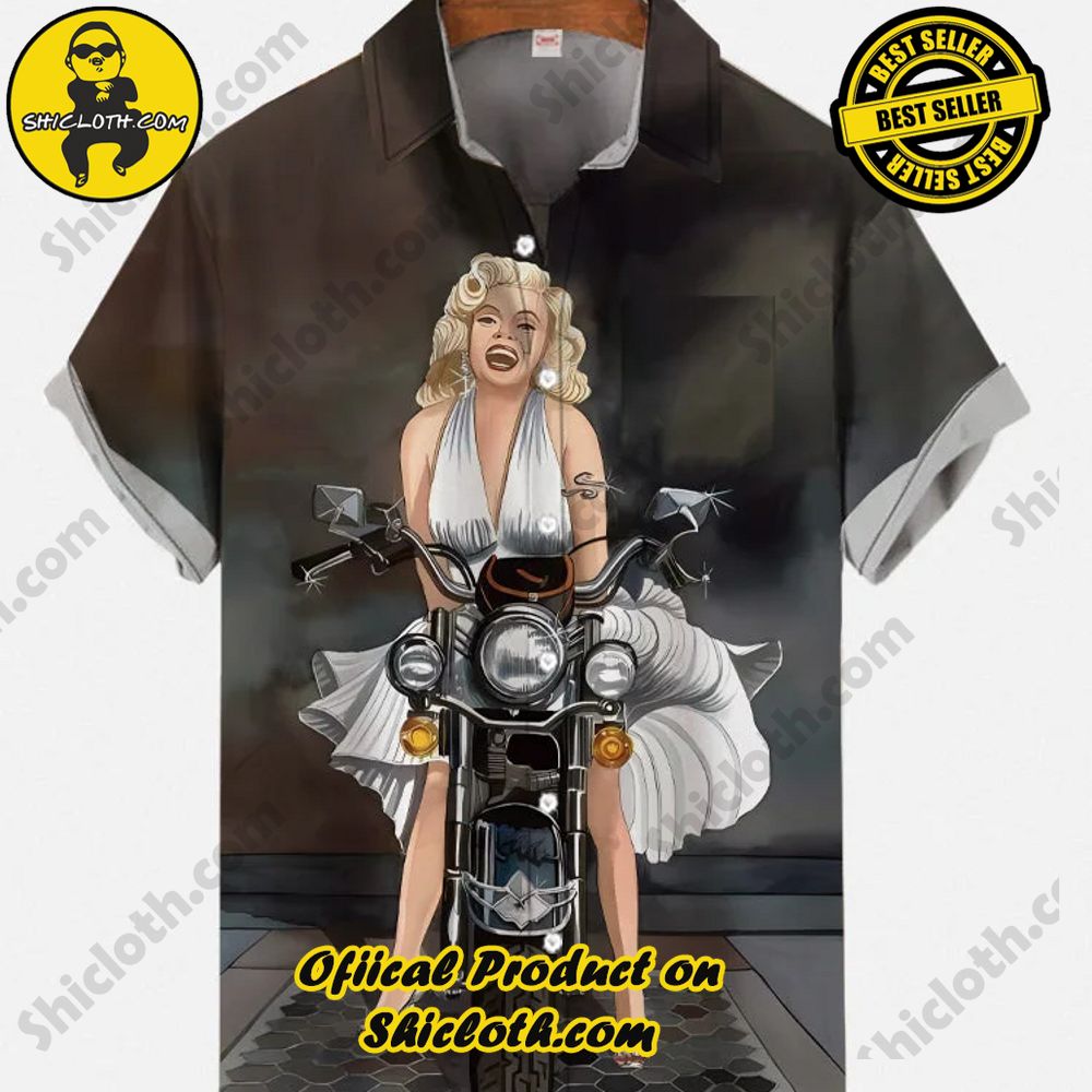 Shicloth's Short Sleeve Shirts: Effortless Elegance for Every Occasion 17 Vintage Pin Up Art Motorcycle And Sexy White Dress Beauty Printing Breast Pocket Short Sleeve Shirt