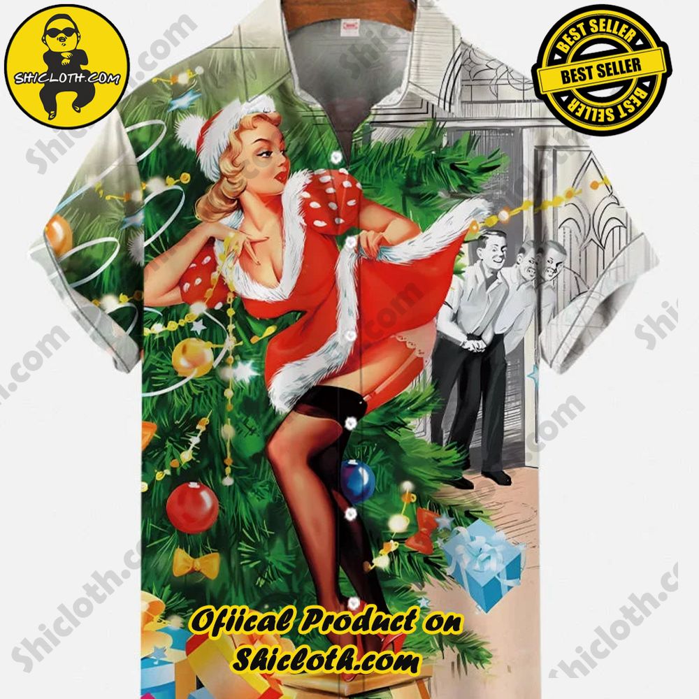 Shicloth's Short Sleeve Shirts: Effortless Elegance for Every Occasion 18 Vintage Pin Up Art Santa Girl In Red Dress And Decorated Christmas tree Printing Short Sleeve Shirt