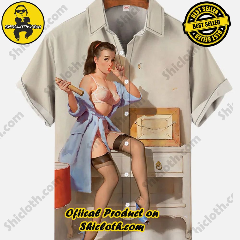 Shicloth's Short Sleeve Shirts: Effortless Elegance for Every Occasion 19 Vintage Pin Up Art Sexy Blue Windbreaker Girl Printing Short Sleeve Shirt