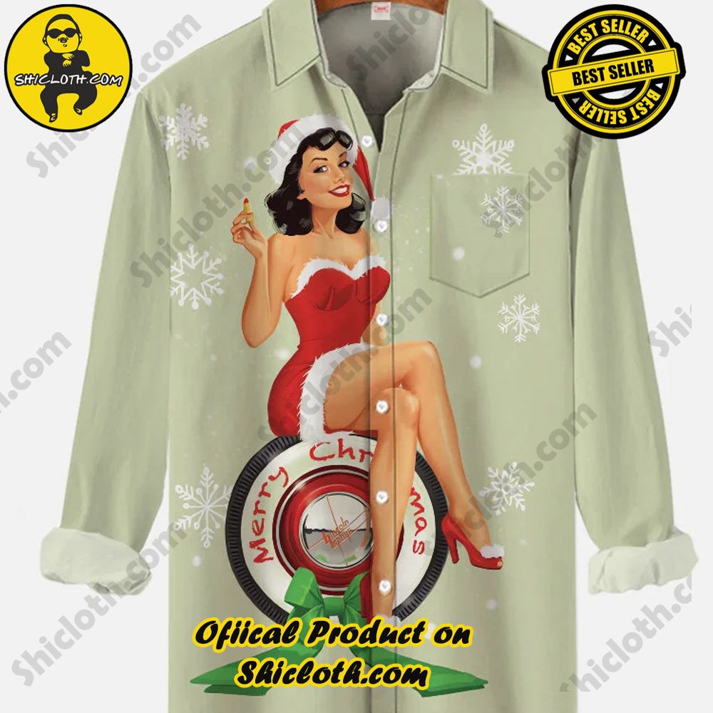 Shicloth's Short Sleeve Shirts: Effortless Elegance for Every Occasion 22 Vintage Pin Up Girl Poster Christmas Girl And Wheel Printing Breast Pocket Long Sleeve Shirt
