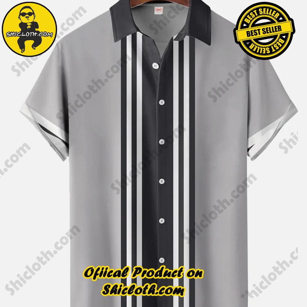 Hot Trending Fashion for Summer : Shiclothshop's Hawaiian Shirts 52 Vintage Navy And Gray Stripe Turndown Collar Button Down Short Sleeve Shirt