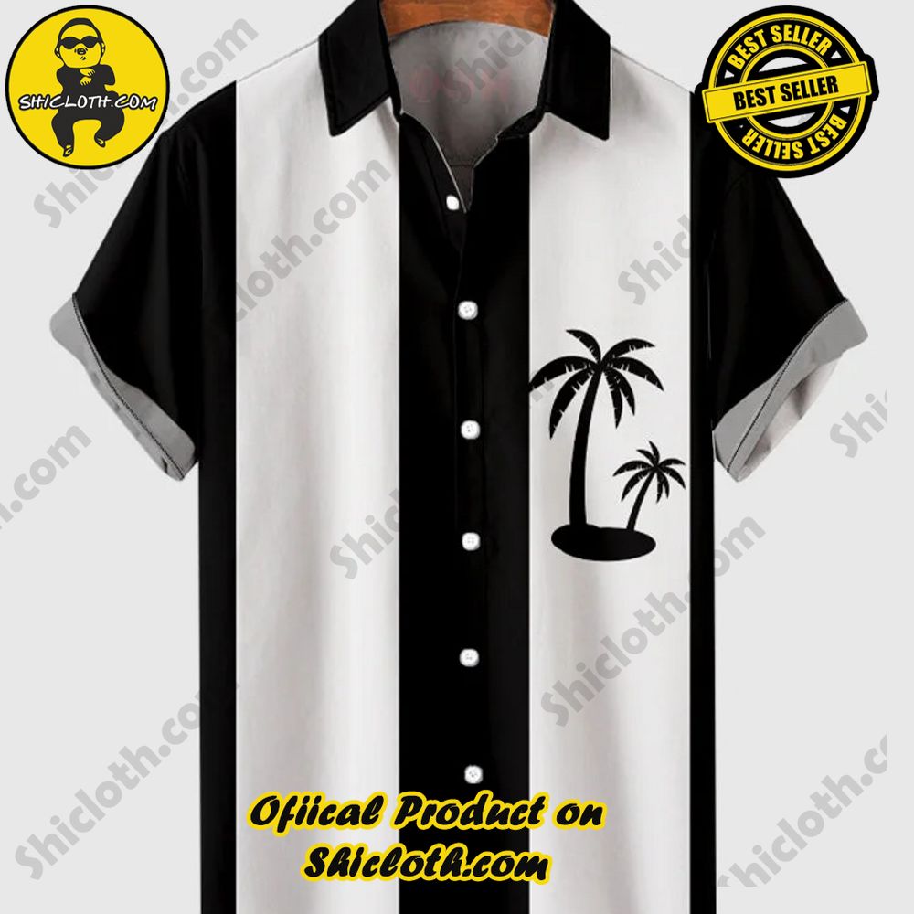 Hot Trending Fashion for Summer : Shiclothshop's Hawaiian Shirts 3 1960s Black & White Stripe Coconut Tree Printing Men's Short Sleeve Shirt