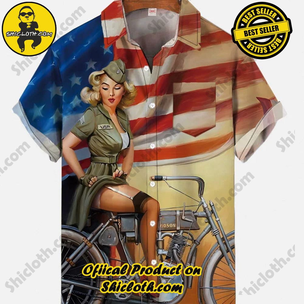 Hot Trending Fashion for Summer : Shiclothshop's Hawaiian Shirts 53 Vintage Pin Up Art American Flag And Lady On Bicycle Printing Breast Pocket Short Sleeve Shirt