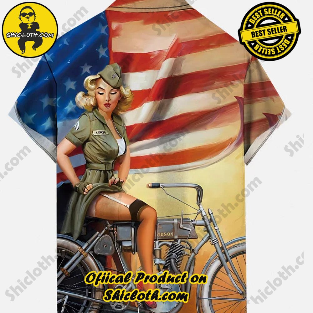 Vintage Pin Up Art American Flag And Lady On Bicycle Printing Breast Pocket Short Sleeve Shirt 2 Vintage Pin Up Art American Flag And Lady On Bicycle Printing Breast Pocket Short Sleeve Shirt - Image 2