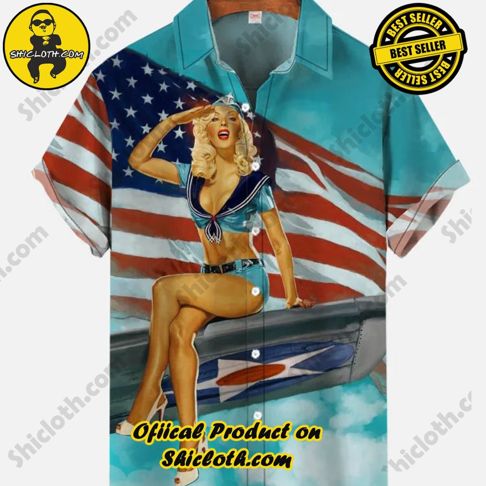 Hot Trending Fashion for Summer : Shiclothshop's Hawaiian Shirts 54 Vintage Pin Up Art American Flag And Uniform Girl Printing Short Sleeve Shirt