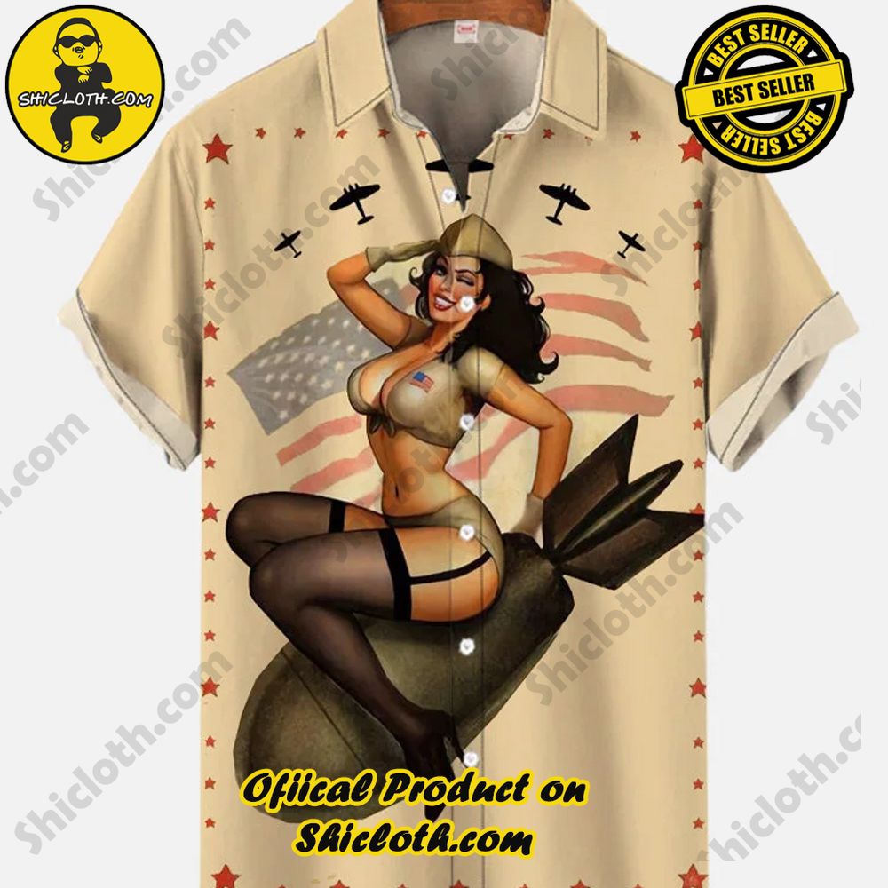 Hot Trending Fashion for Summer : Shiclothshop's Hawaiian Shirts 55 Vintage Pin Up Art American Flag Missile And Sexy Beauty Printing Short Sleeve Shirt