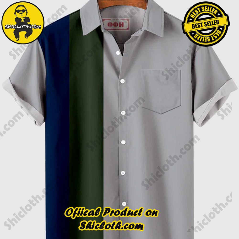 Hot Trending Fashion for Summer : Shiclothshop's Hawaiian Shirts 6 1960s Gray & Blue & Green Stitching Men's Short Sleeve Shirt