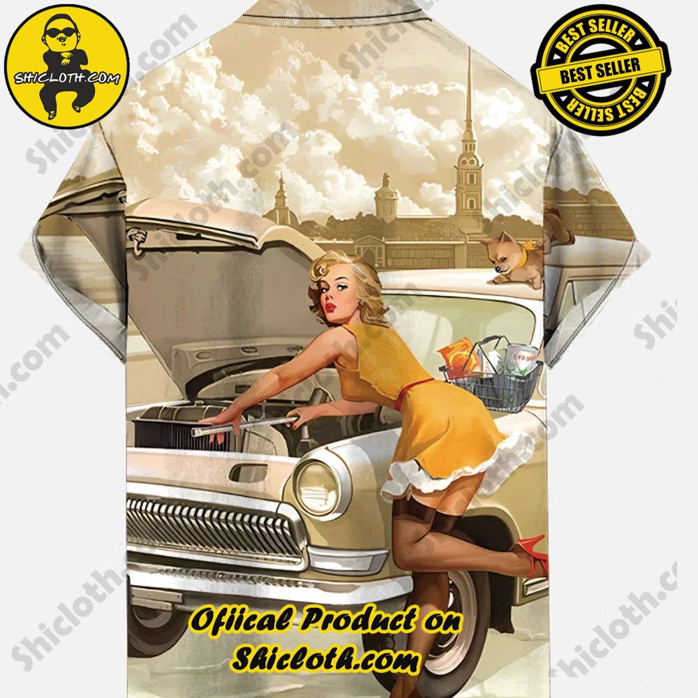 Vintage Pin Up Art Beauty In Yellow Dress And Retro Car Printing Short Sleeve Shirt 2 Vintage Pin Up Art Beauty In Yellow Dress And Retro Car Printing Short Sleeve Shirt - Image 2
