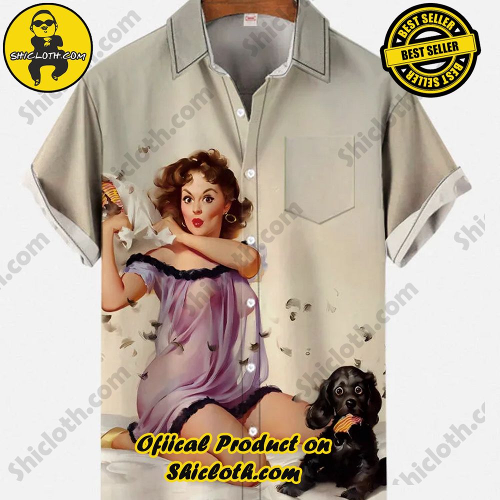 Hot Trending Fashion for Summer : Shiclothshop's Hawaiian Shirts 58 Vintage Pin Up Art Black Puppy And Pajama Beauty Printing Breast Pocket Short Sleeve Shirt