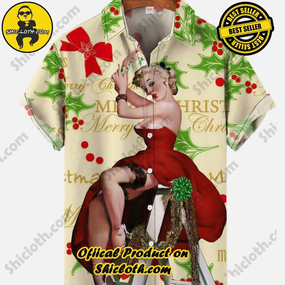 Hot Trending Fashion for Summer : Shiclothshop's Hawaiian Shirts 59 Vintage Pin Up Art Christmas Beauty In Red Dress Decorating Christmas Tree Printing Short Sleeve Shirt