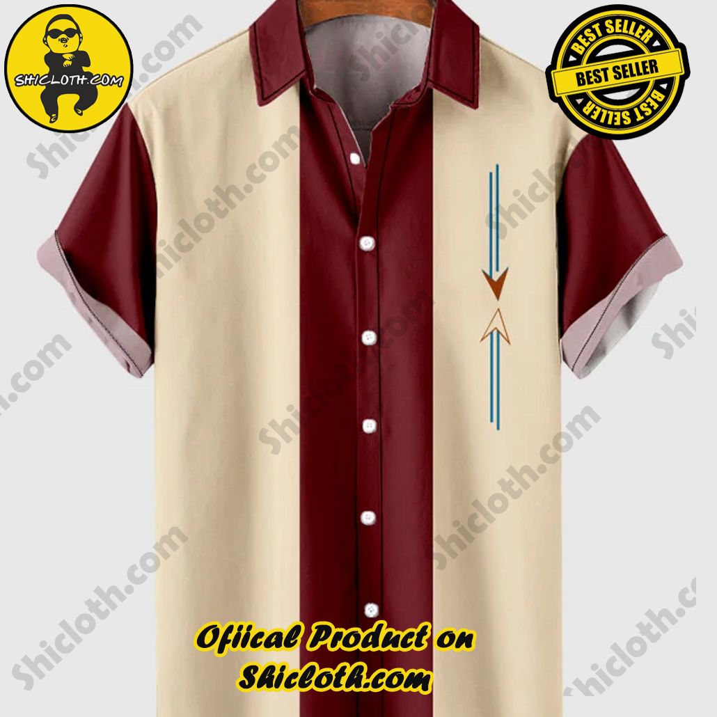 Shiclothshop's Short Sleeve Shirts – Effortless Elegance and Contemporary Comfort 6 50s Beige & Red-Brown Stitching Geometrical Element Printing Men's Short Sleeve Shirt