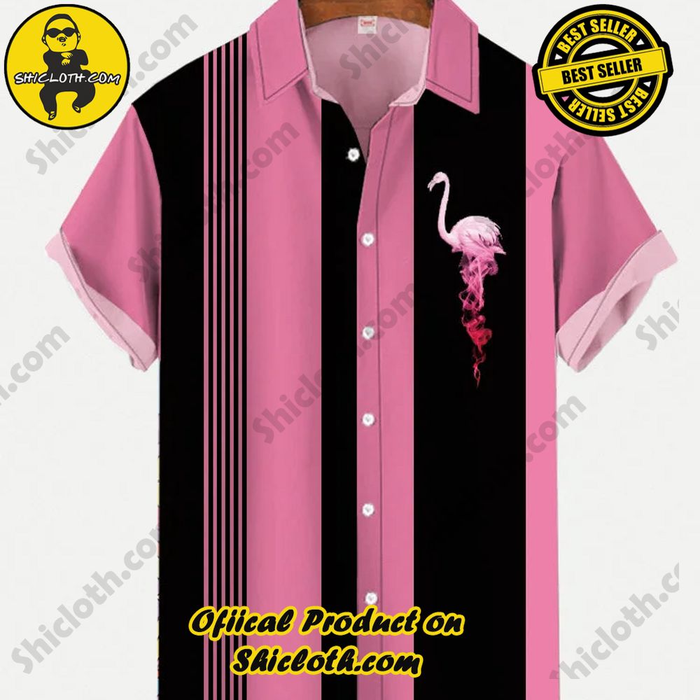 Hot Trending Fashion for Summer : Shiclothshop's Hawaiian Shirts 11 50s Black And Pink Stripes Stitching Tropical Flamingo Wildlife Printing Short Sleeve Shirt