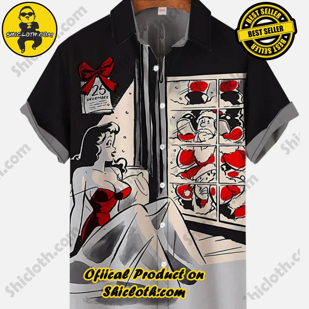 Hot Trending Fashion for Summer : Shiclothshop's Hawaiian Shirts 60 Vintage Pin Up Art Christmas Night Santa Claus And Sexy Beauty Printing Short Sleeve Shirt Version 1