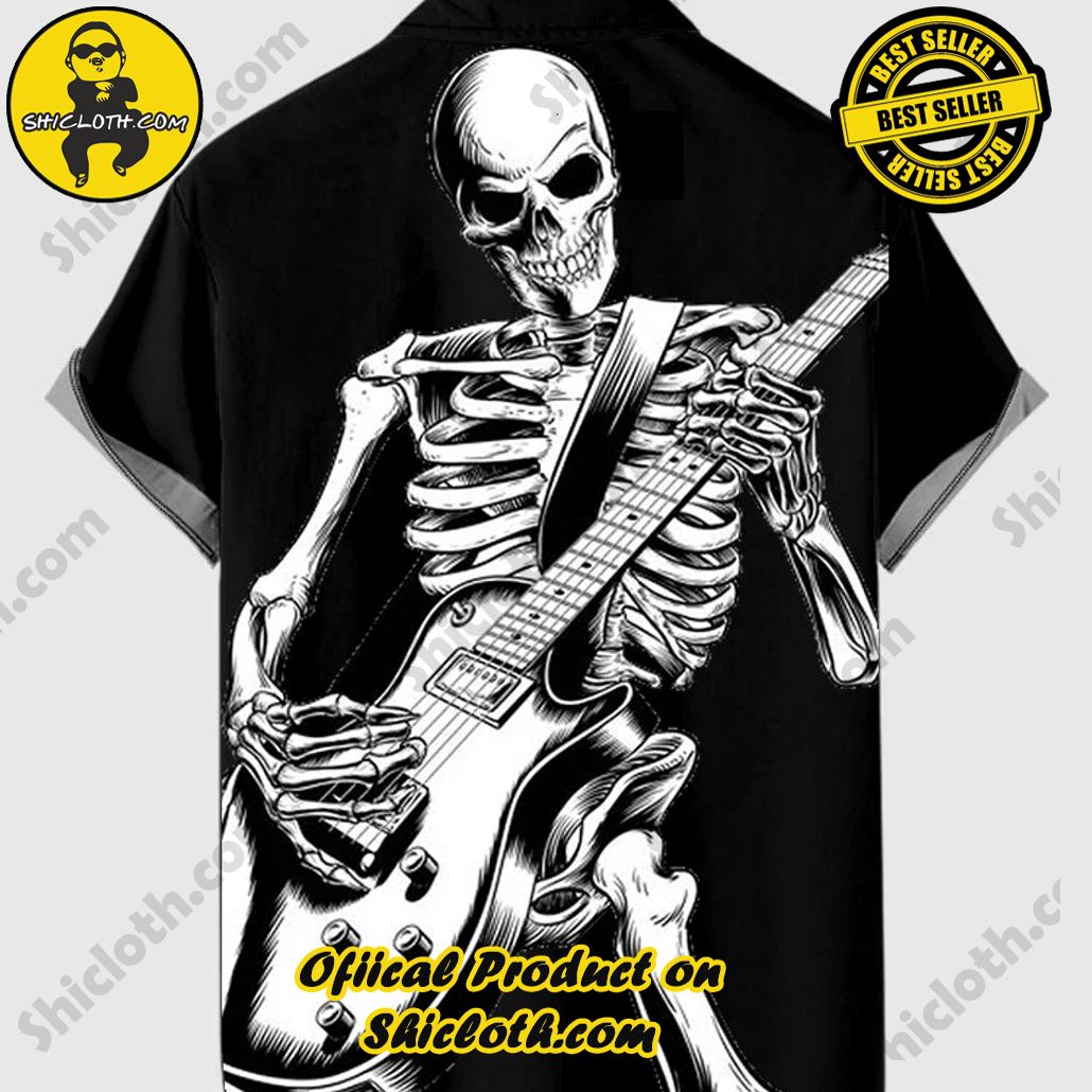 50s Black & Yellow Stripe Skull Printing Button Down Men's Short Sleeve Shirt 2 50s Black & Yellow Stripe Skull Printing Button Down Men's Short Sleeve Shirt - Image 2