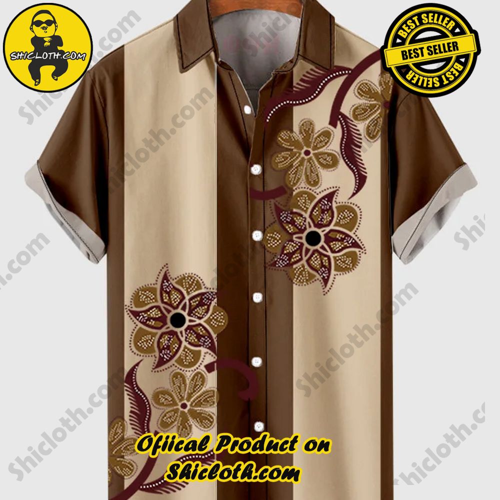 Hot Trending Fashion for Summer : Shiclothshop's Hawaiian Shirts 12 50s DarkKhaki & LightKhaki Stripe Floral Printing Men's Short Sleeve Shirt