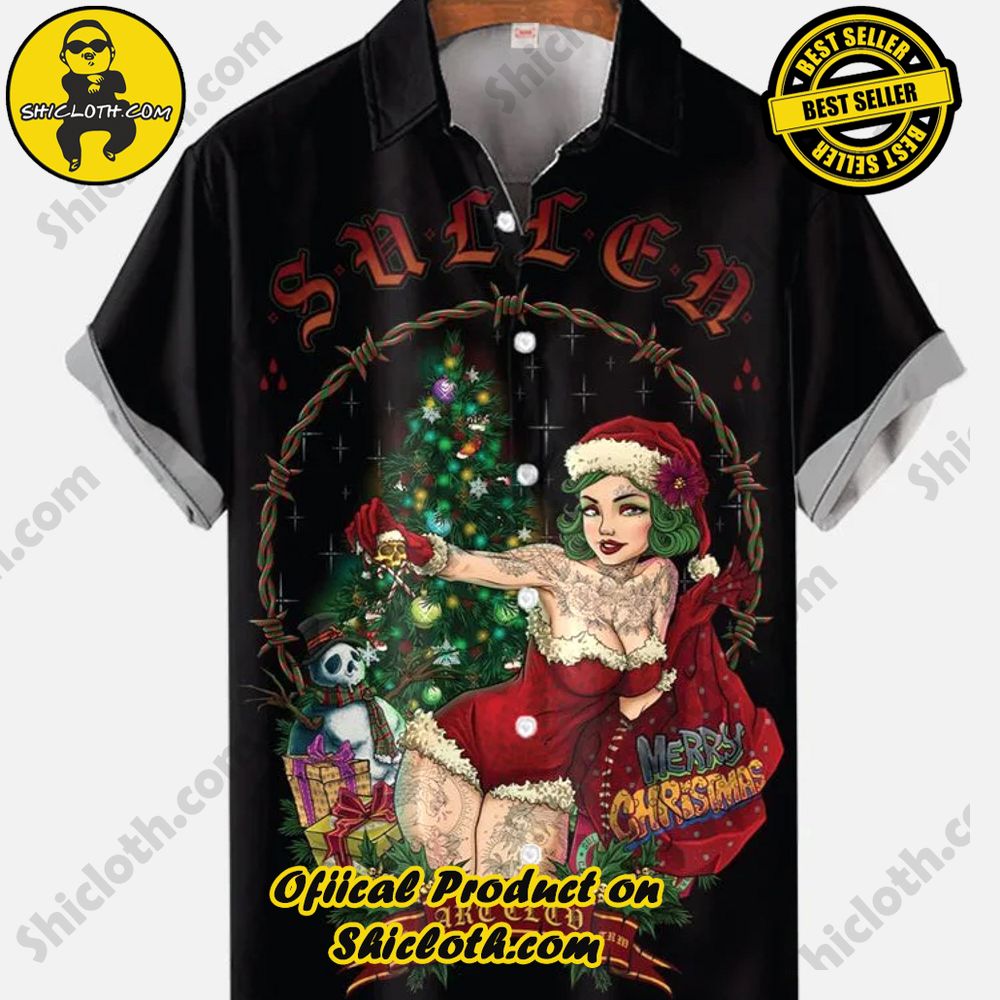 Hot Trending Fashion for Summer : Shiclothshop's Hawaiian Shirts 62 Vintage Pin Up Art Christmas Wreath Santa Girl And Christmas Tree Printing Short Sleeve Shirt