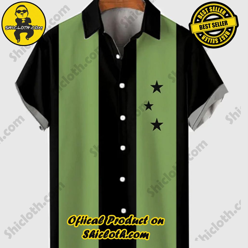 Shiclothshop's Short Sleeve Shirts – Effortless Elegance and Contemporary Comfort 12 50s Green & Black Stripe Black Stars Printing Men's Short Sleeve Shirt