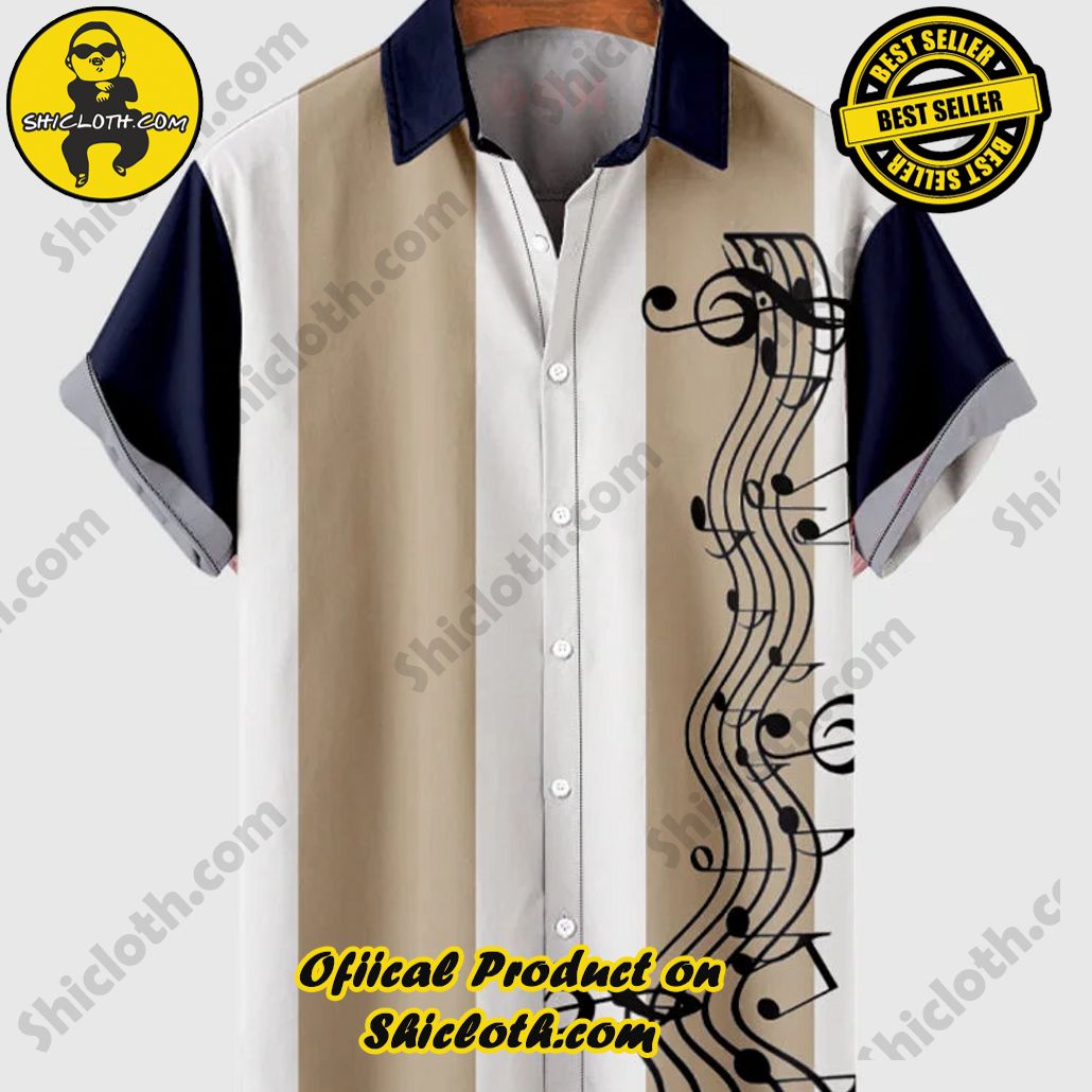 Shiclothshop's Short Sleeve Shirts – Effortless Elegance and Contemporary Comfort 14 50s Khaki & Navy Stitching Musical Note Printing Men's Short Sleeve Shirt