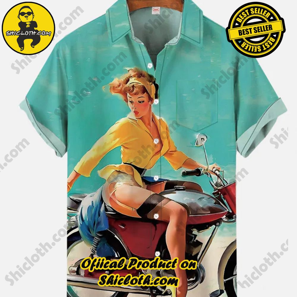 Hot Trending Fashion for Summer : Shiclothshop's Hawaiian Shirts 63 Vintage Pin Up Art Cool Motorcycle Girl Printing Breast Pocket Short Sleeve Shirt
