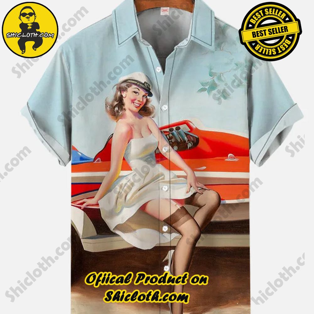 Hot Trending Fashion for Summer : Shiclothshop's Hawaiian Shirts 64 Vintage Pin Up Art Elegant Beauty In White Dress And Retro Red Car Printing Short Sleeve Shirt