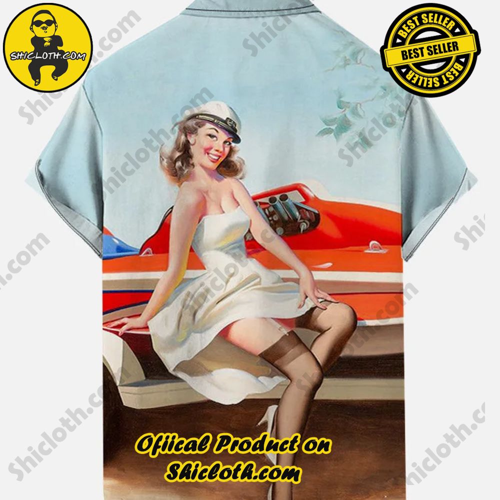 Vintage Pin Up Art Elegant Beauty In White Dress And Retro Red Car Printing Short Sleeve Shirt 2 Vintage Pin Up Art Elegant Beauty In White Dress And Retro Red Car Printing Short Sleeve Shirt - Image 2