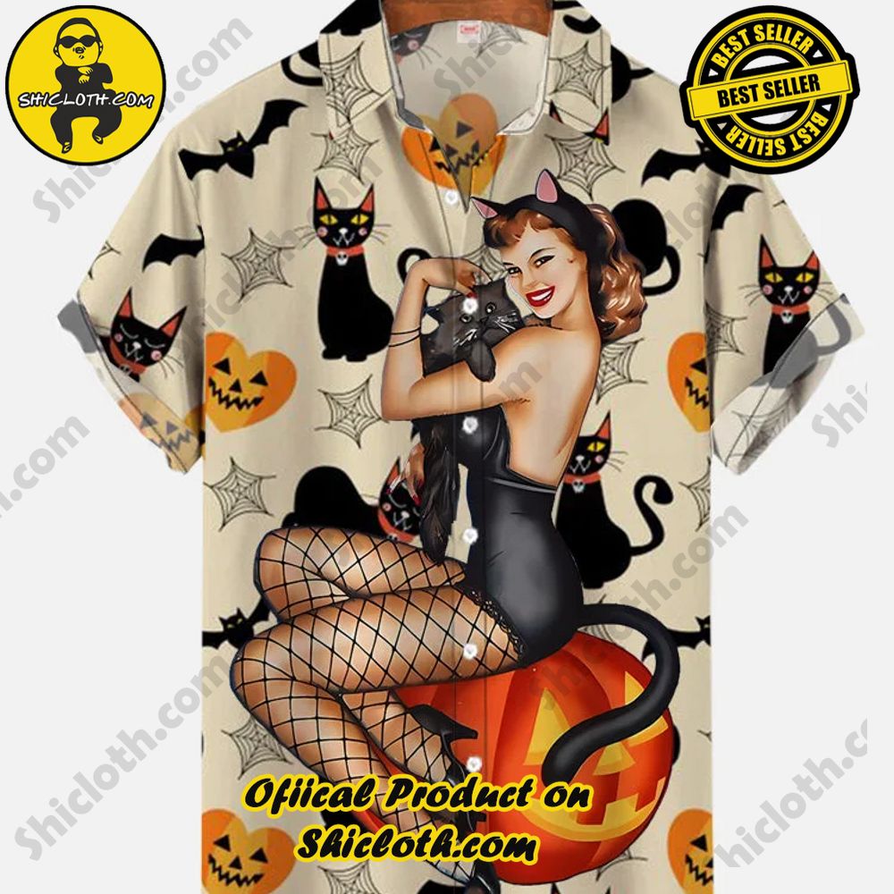 Hot Trending Fashion for Summer : Shiclothshop's Hawaiian Shirts 66 Vintage Pin Up Art Halloween Black Cat Girl And Ghost Pumpkin Printing Short Sleeve Shirt