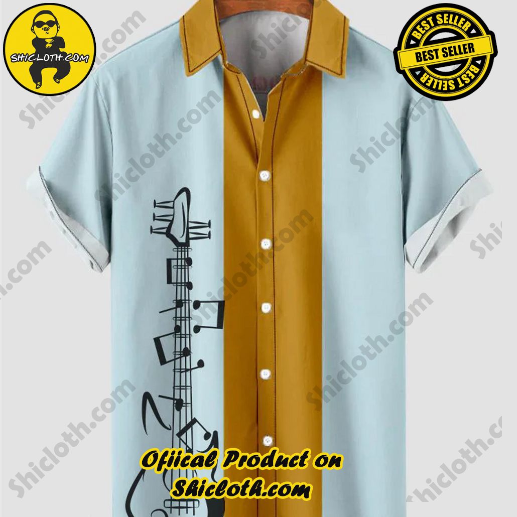 Shiclothshop's Short Sleeve Shirts – Effortless Elegance and Contemporary Comfort 17 50s Yellow And Light Blue Stitching Guitar Printing Men's Short Sleeve Shirt