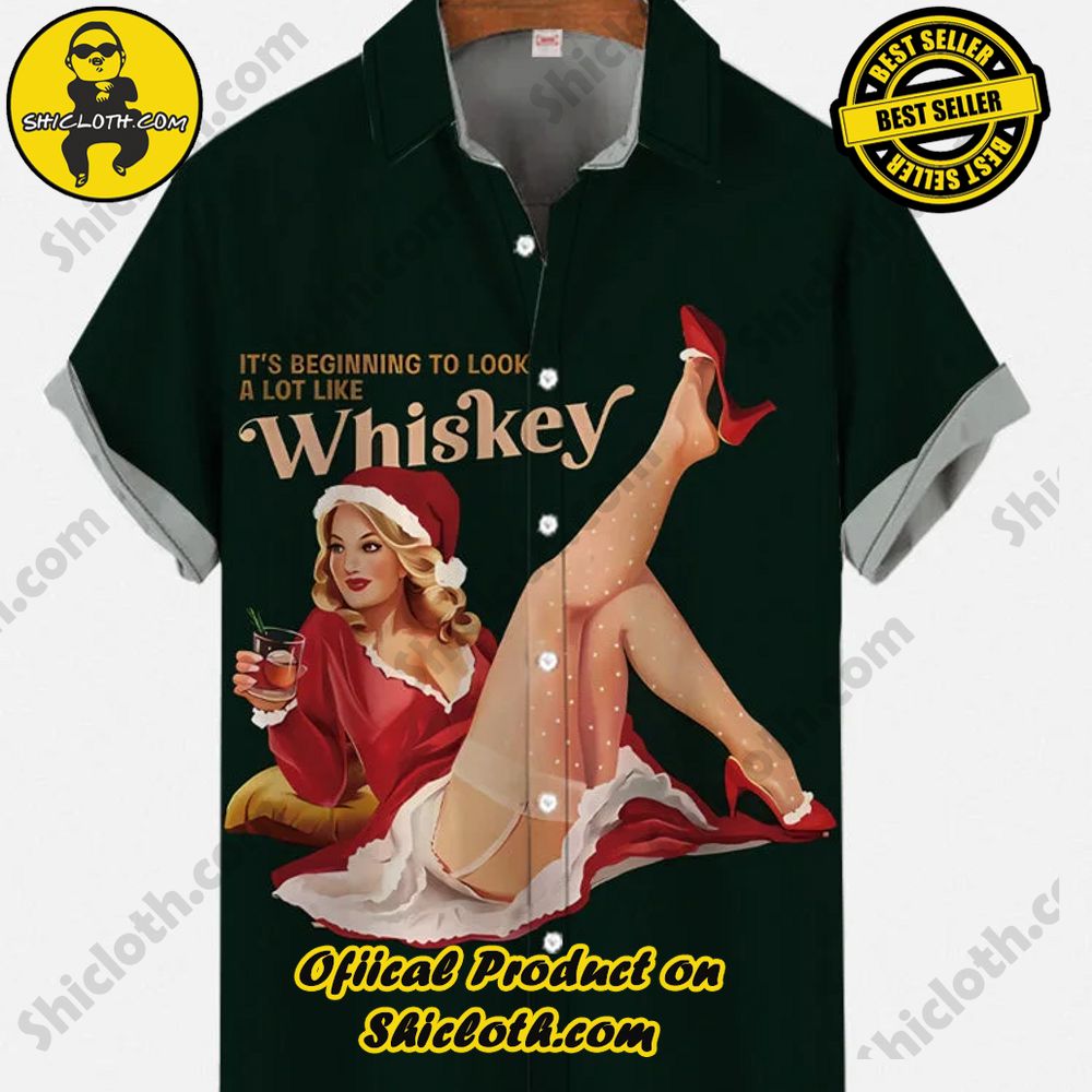 Hot Trending Fashion for Summer : Shiclothshop's Hawaiian Shirts 68 Vintage Pin Up Art It's Beginning to Look A Lot Like Whiskey Christmas Girls And Wine Printing Short Sleeve Shirt