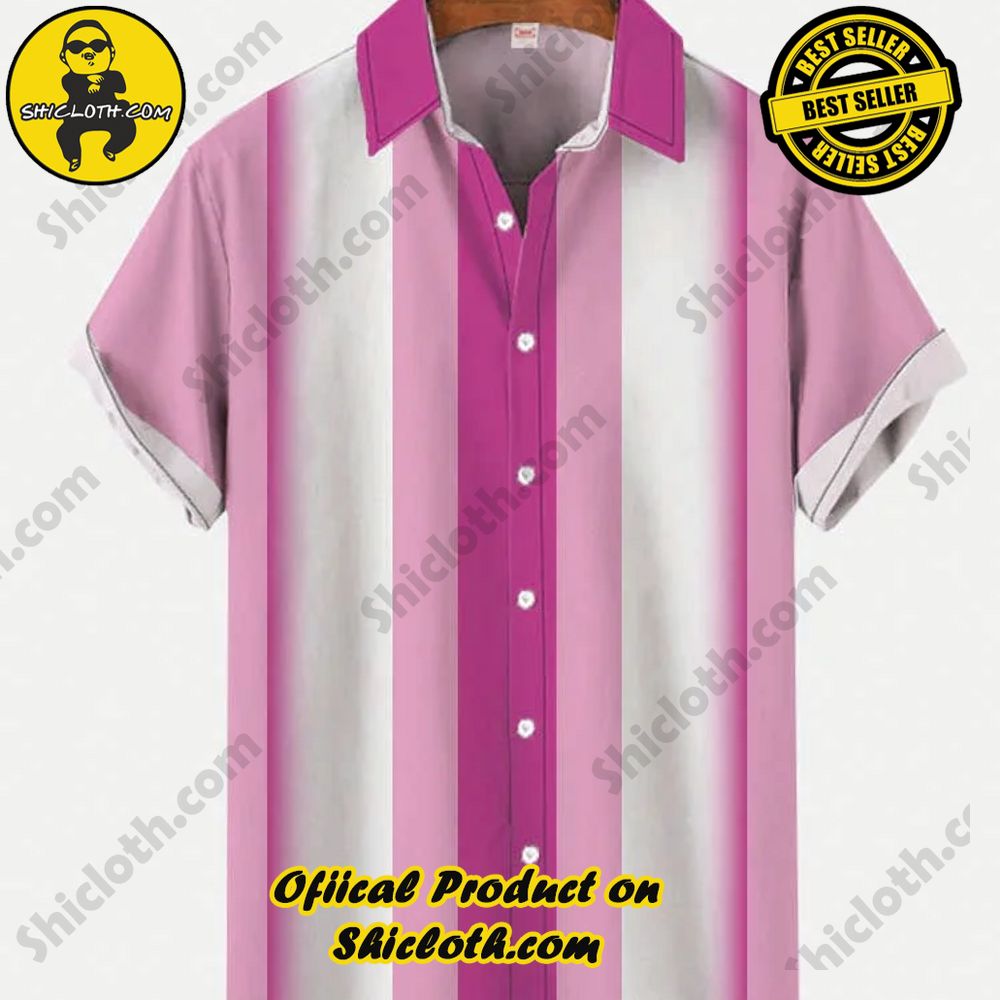 Hot Trending Fashion for Summer : Shiclothshop's Hawaiian Shirts 19 Camp Retro Pink And White Stitching Vertical Color Matching Printing Short Sleeve Shirt