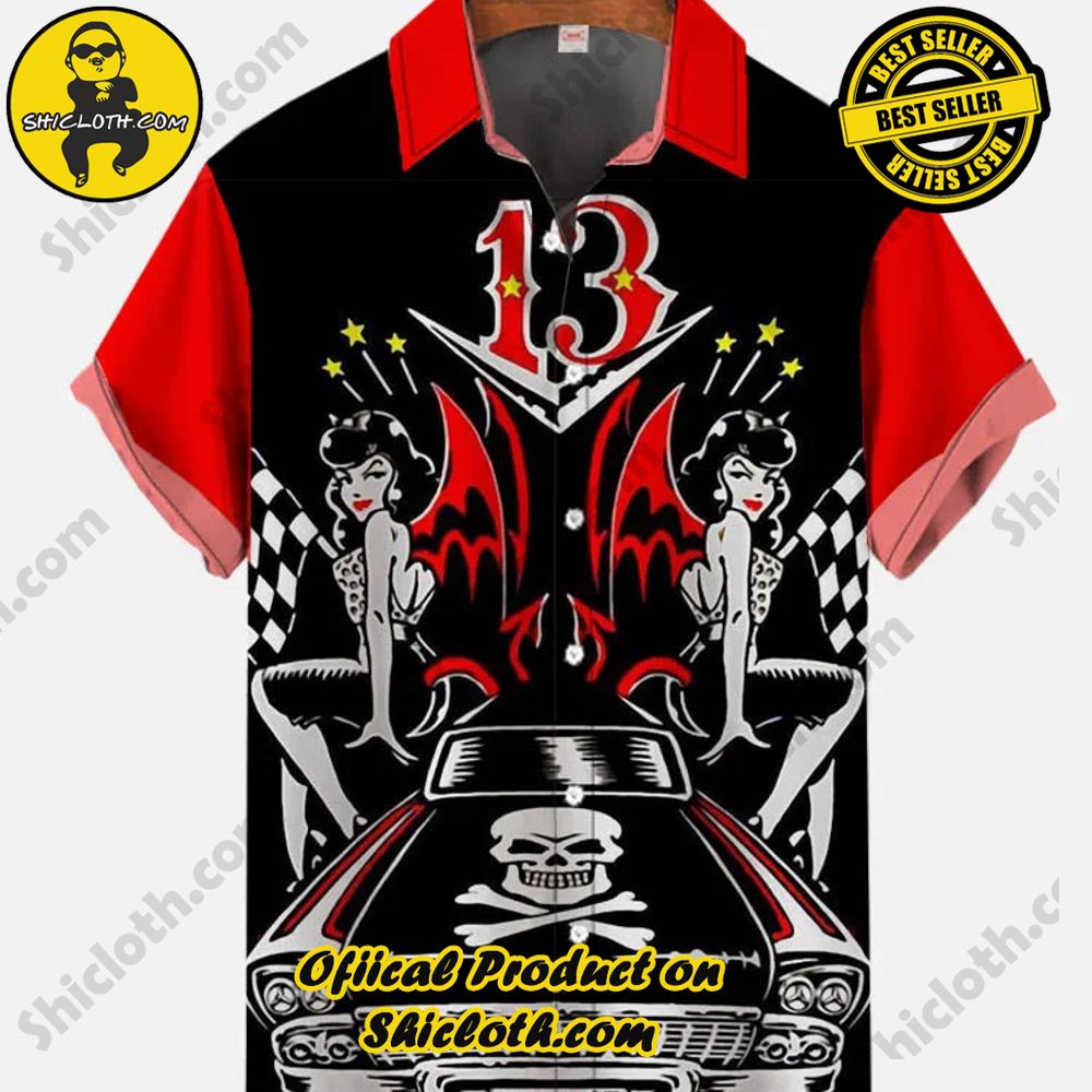 Hot Trending Fashion for Summer : Shiclothshop's Hawaiian Shirts 70 Vintage Pin Up Art Red And Black Color Contrast Devil Girls And Death Classic Car Printing Short Sleeve Shirt