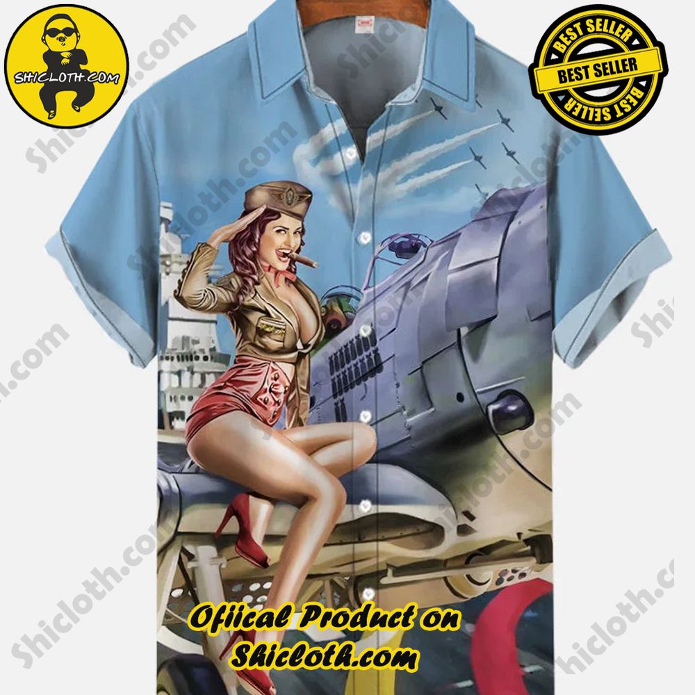 Hot Trending Fashion for Summer : Shiclothshop's Hawaiian Shirts 71 Vintage Pin Up Art Retro Nostalgic Fighter And Sexy Beauty Printing Short Sleeve Shirt