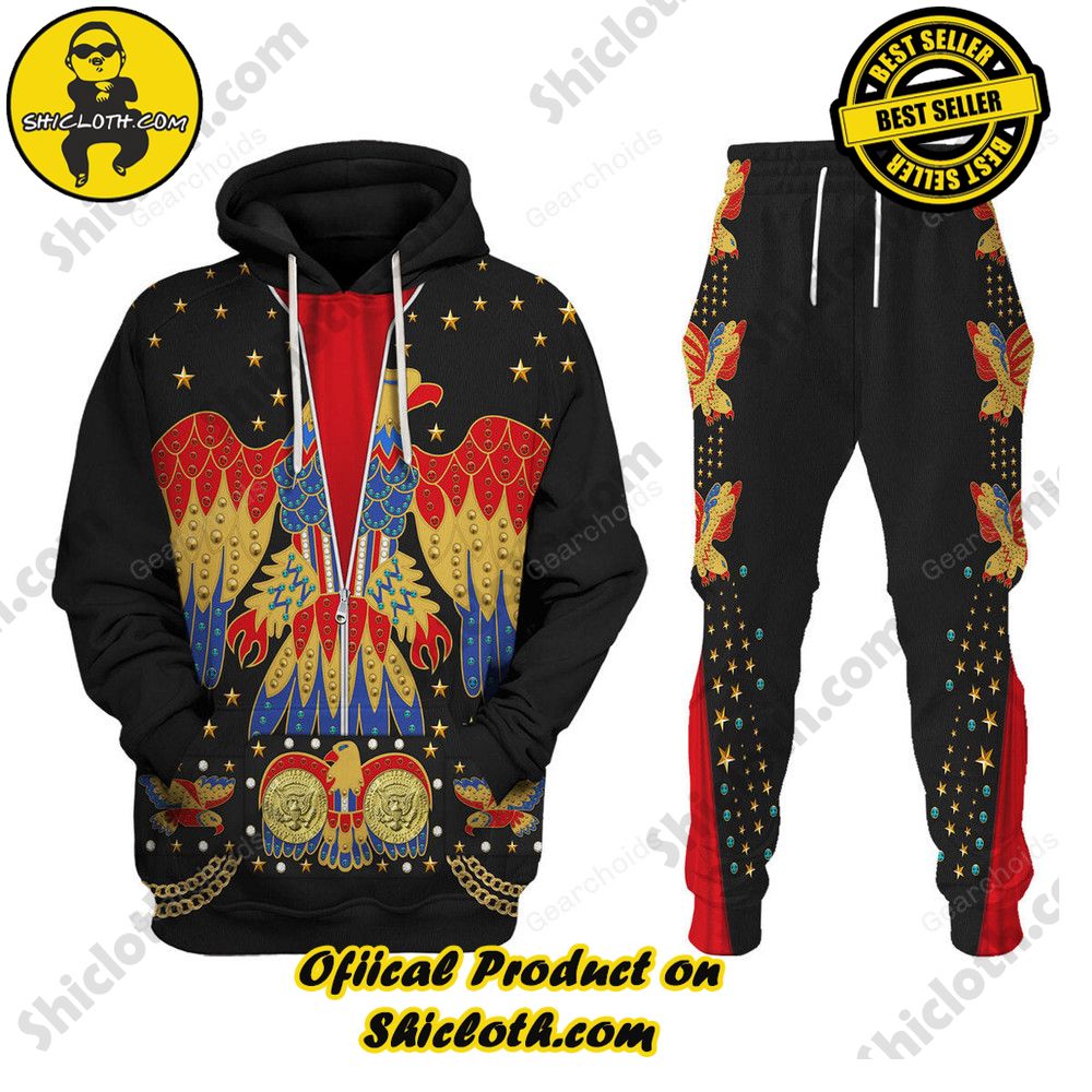 Hot Limited Unveiling the Stellar Collection of Elvis Presley Outfit Costume by Shiclothshop 38 Elvis EAGLE Black Costume Hoodie Sweatshirt T-Shirt Sweatpants