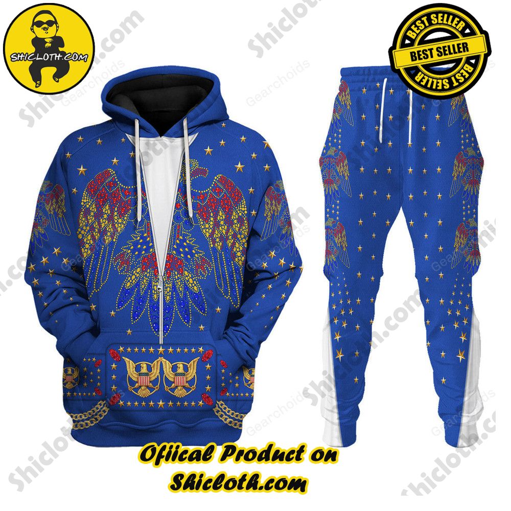 Hot Limited Unveiling the Stellar Collection of Elvis Presley Outfit Costume by Shiclothshop 39 Elvis EAGLE Blue Costume Hoodie Sweatshirt T-Shirt Sweatpants