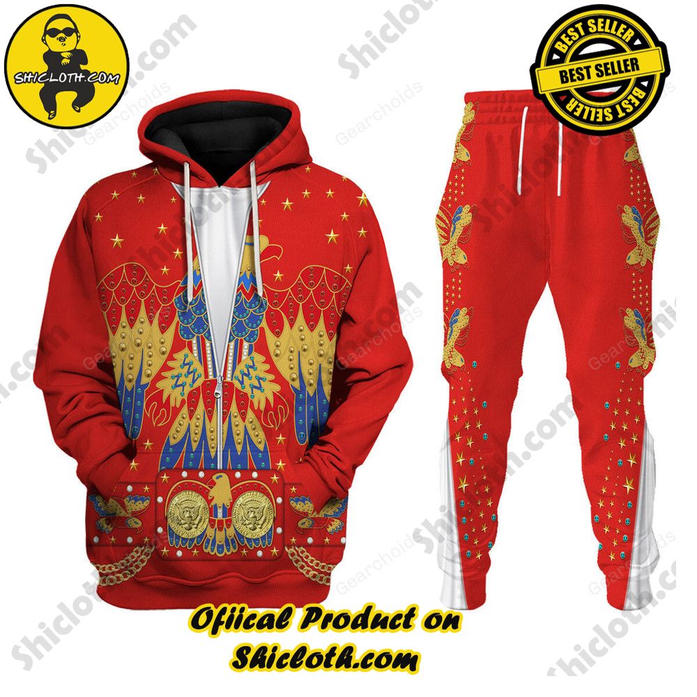 Hot Limited Unveiling the Stellar Collection of Elvis Presley Outfit Costume by Shiclothshop 42 Elvis EAGLE Red Costume Hoodie Sweatshirt T-Shirt Sweatpants