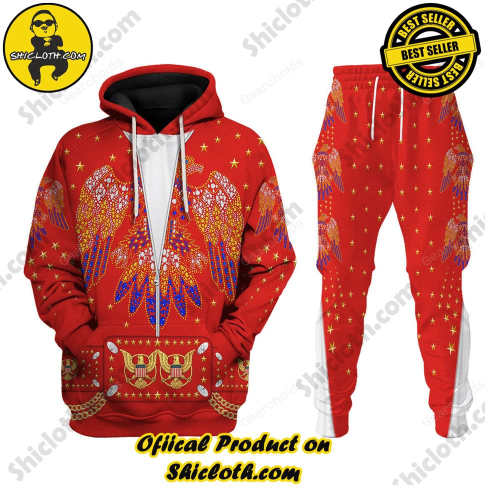 Hot Limited Unveiling the Stellar Collection of Elvis Presley Outfit Costume by Shiclothshop 41 Elvis EAGLE Red Costume Hoodie Sweatshirt T-Shirt Sweatpants