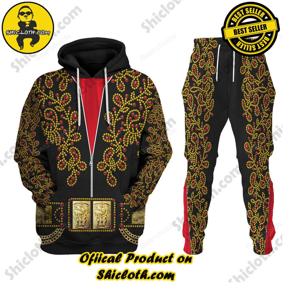 Hot Limited Unveiling the Stellar Collection of Elvis Presley Outfit Costume by Shiclothshop 57 Elvis Spanish Flower - Black With Red Stones Costume Hoodie Sweatshirt T-Shirt Sweatpants