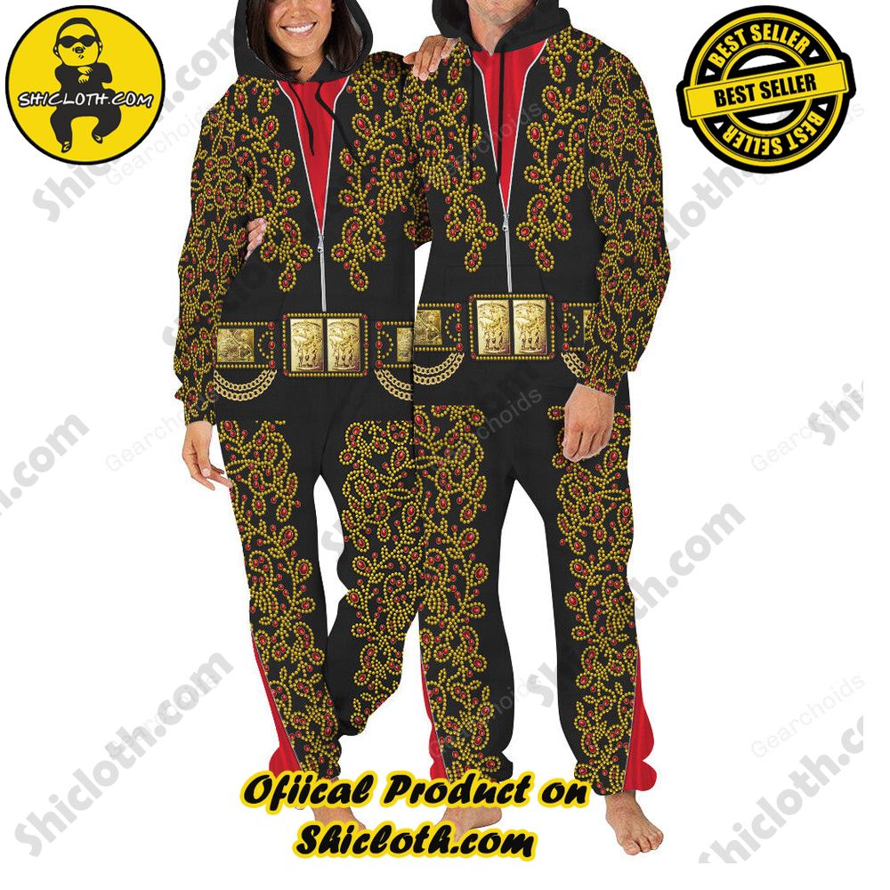 Rock 'n' Roll Royalty: Unveiling Shiclothshop's Elvis Presley Outfit Costume Collection 25 Elvis Spanish Flower - Black With Red Stones jumpsuit Costume