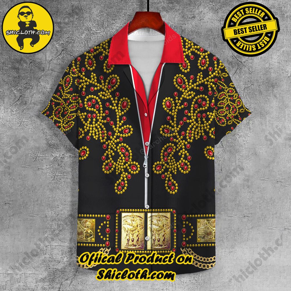 Lapels Redefined: Discover the Versatility of Shiclothshop's UNISEX LAPEL SHIRT 29 Elvis Spanish Flower Black With Red Stones UNISEX LAPEL SHIRT