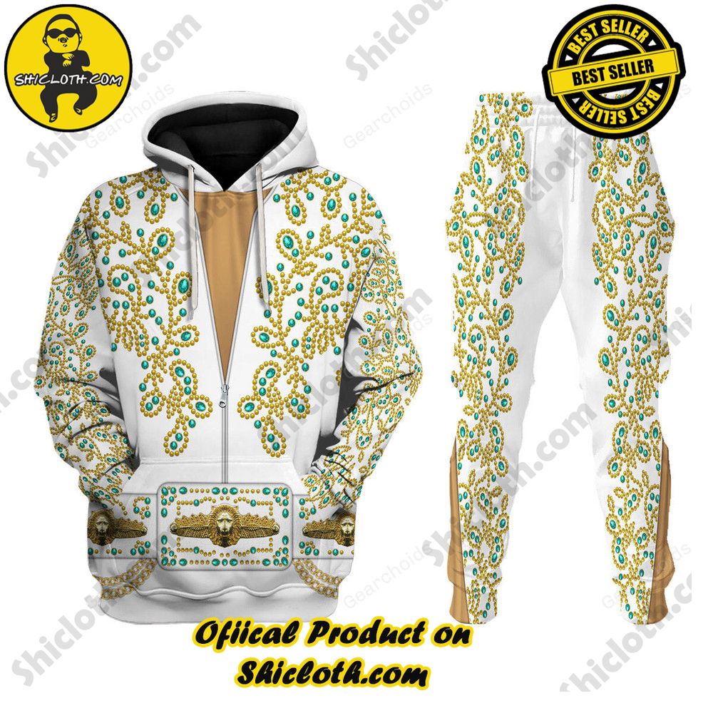 Hot Limited Unveiling the Stellar Collection of Elvis Presley Outfit Costume by Shiclothshop 58 Elvis Spanish Flower - White With Green Stones Costume Hoodie Sweatshirt T-Shirt Sweatpants