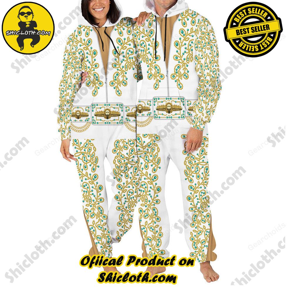 Rock 'n' Roll Royalty: Unveiling Shiclothshop's Elvis Presley Outfit Costume Collection 26 Elvis Spanish Flower - White With Green Stones jumpsuit Costume