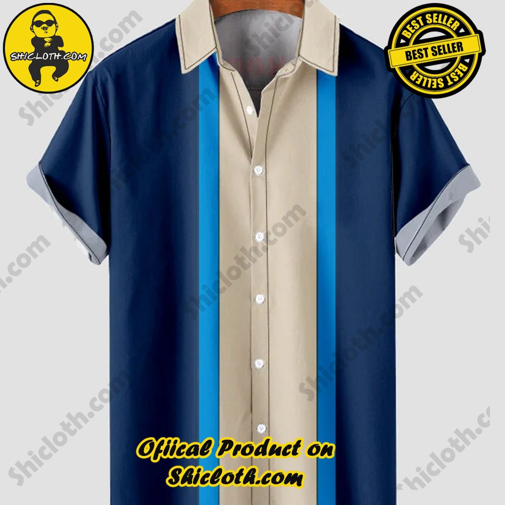 Hot Trending Fashion for Summer : Shiclothshop's Hawaiian Shirts 24 HOO 1960s Blue & Light Khaki Stitching Men's Short Sleeve Shirt