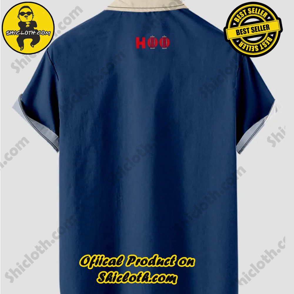 HOO 1960s Blue & Light Khaki Stitching Men's Short Sleeve Shirt 2 HOO 1960s Blue & Light Khaki Stitching Men's Short Sleeve Shirt - Image 2